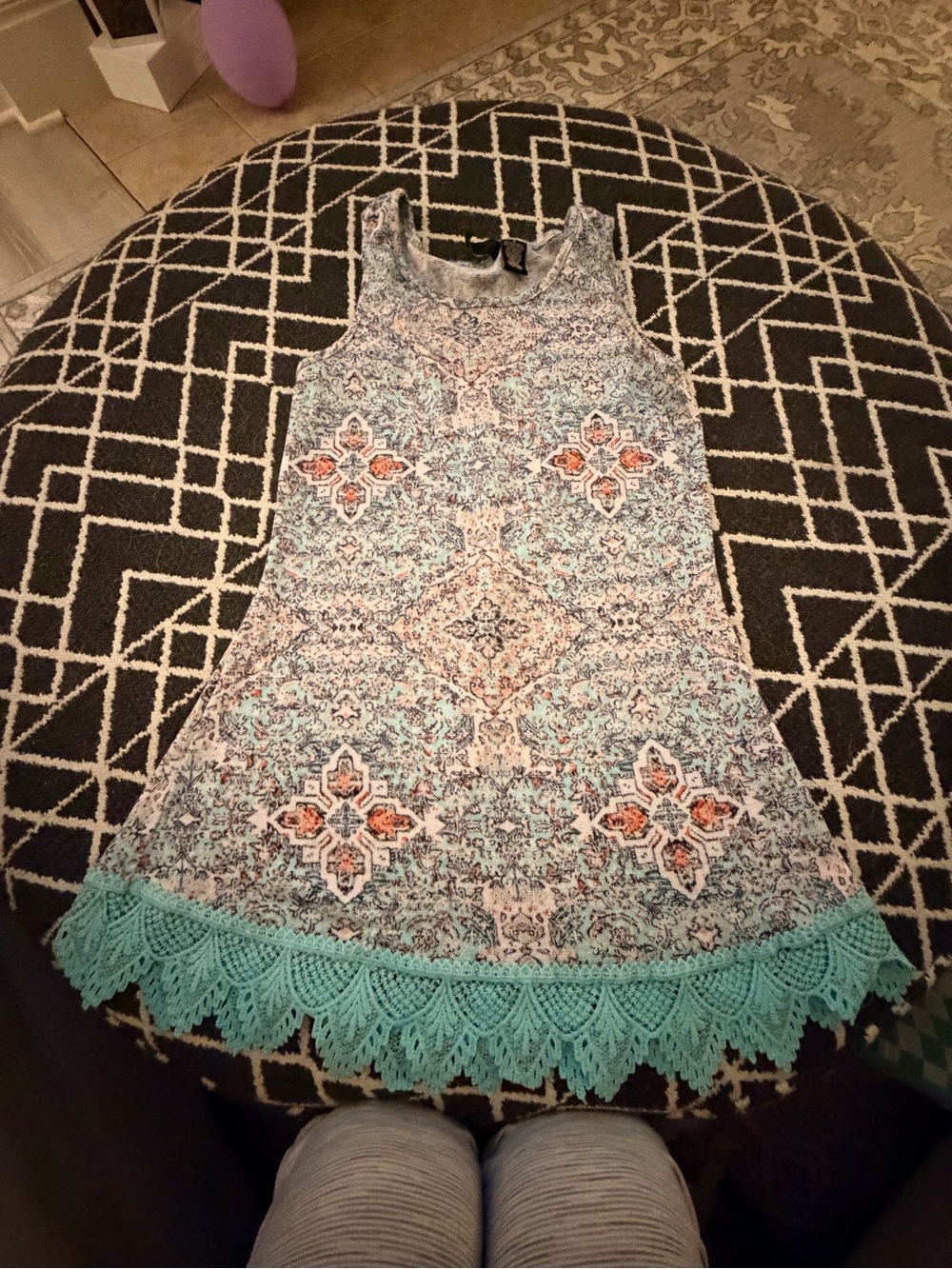 Sleeveless Aqua Printed Tank Top with Crochet Hem
